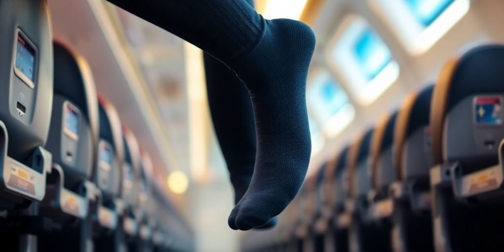 Person wearing compression socks on an airplane.