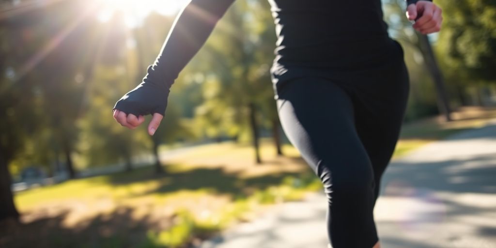 Athlete running, wearing compression sleeves on arms and legs.