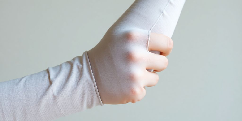 Person's arm wearing a compression sleeve.
