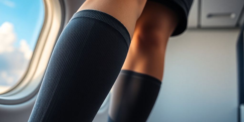 Legs with compression socks on an airplane.