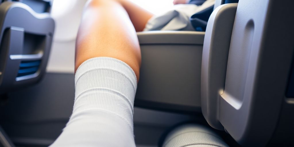 Pregnant woman in compression socks, sitting comfortably.