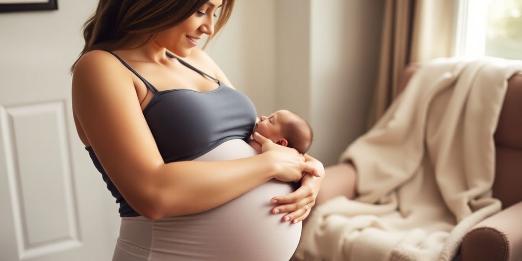 Mother with baby, wearing compression