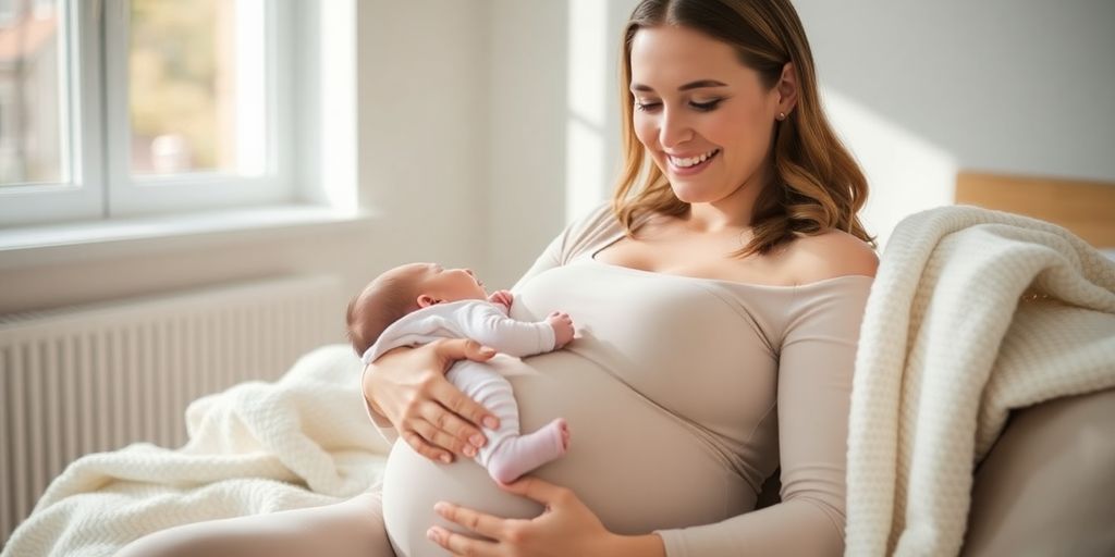 Woman wearing compression garment, recovering postpartum.