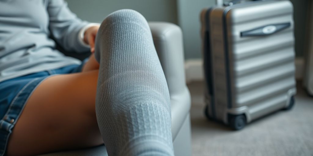 Traveler's legs with compression socks, suitcase.