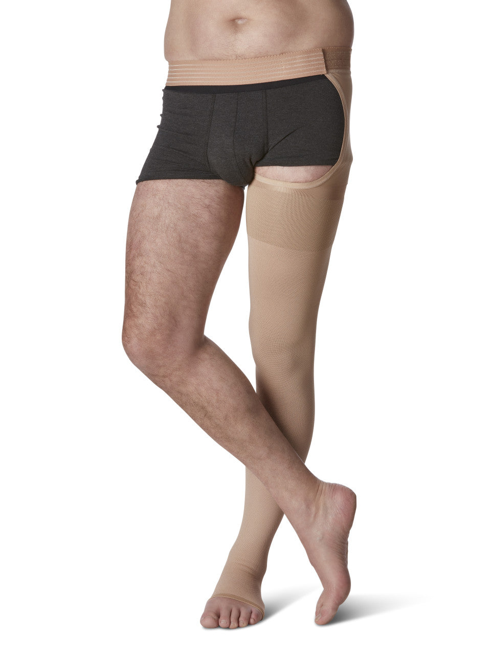 Sigvaris Natural Rubber Thigh High W/ Waist Attachment 40-50mmHg Open Toe - Compression Level: Severe 40-50 MmHg - Male - Foot